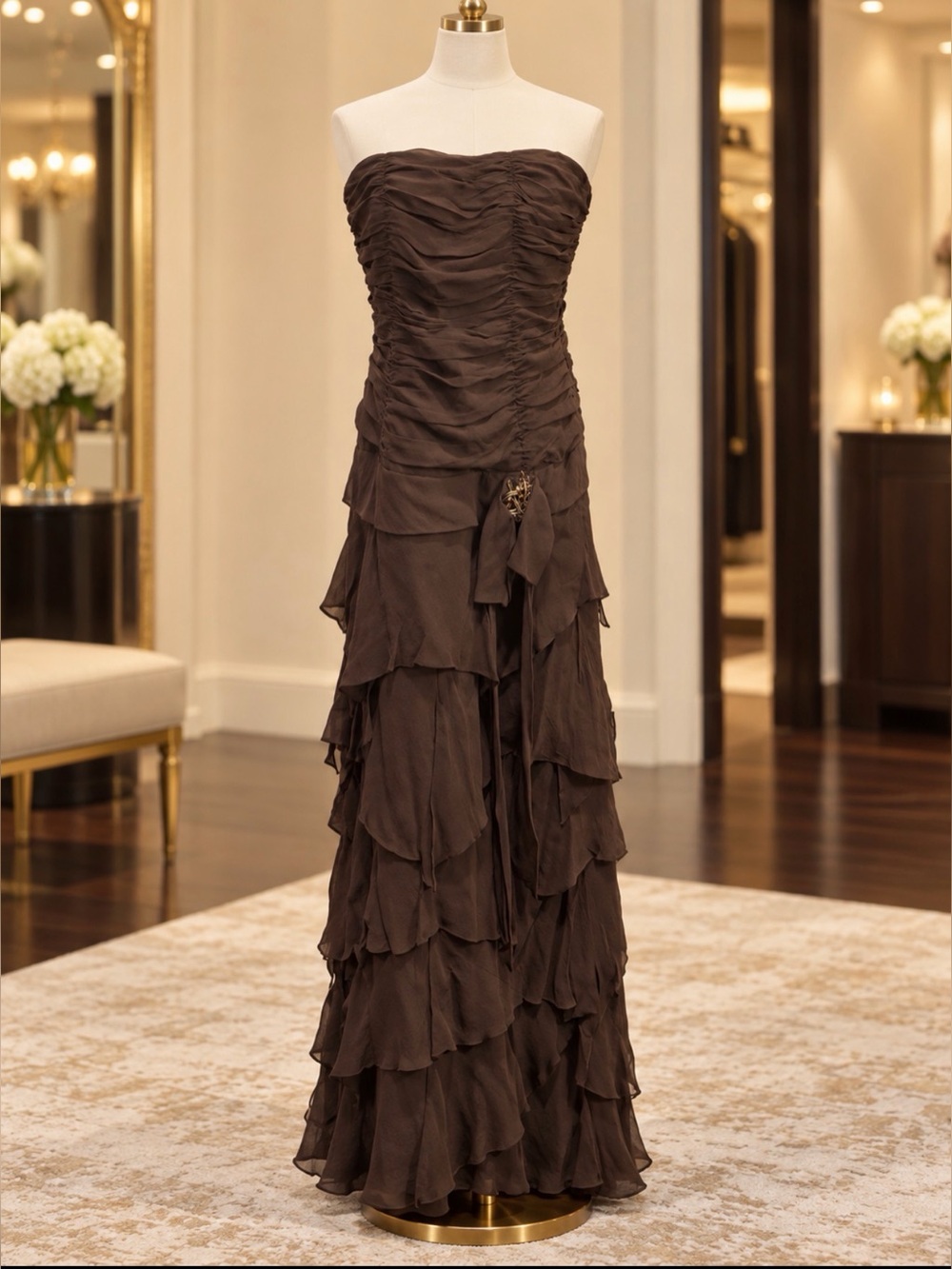 Kate Unger Chic Strapless Brown Layered maxi Dress size 8